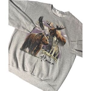 Vintage Y2K Alaska Outdoor Nature Print Crewneck Large Moose Wolf Bear Eagle